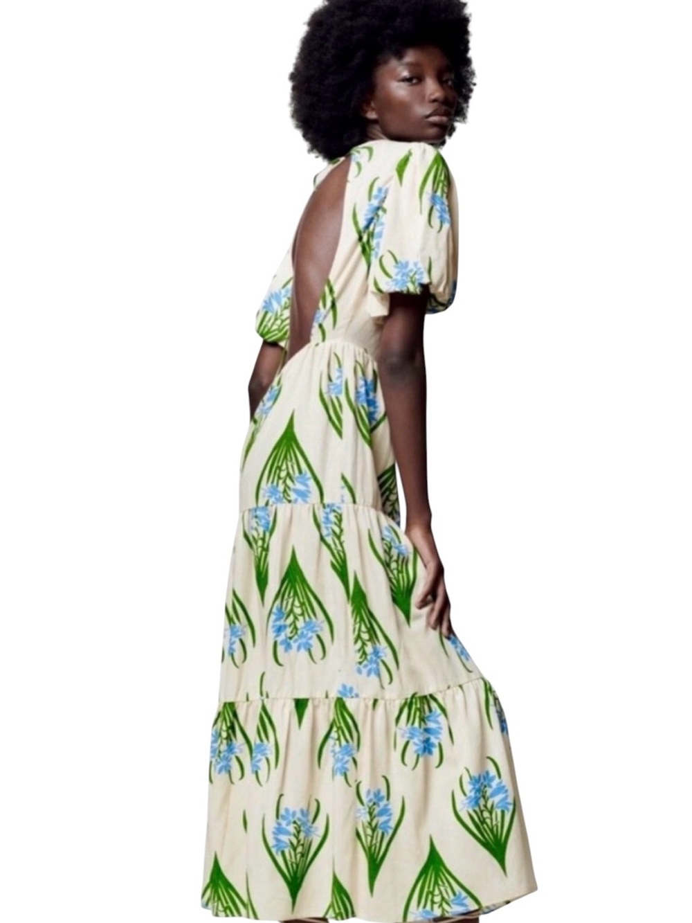 ZARA Ecru Floral Linen Blend Backless Cream Maxi Dress size Medium Puff Sleeves